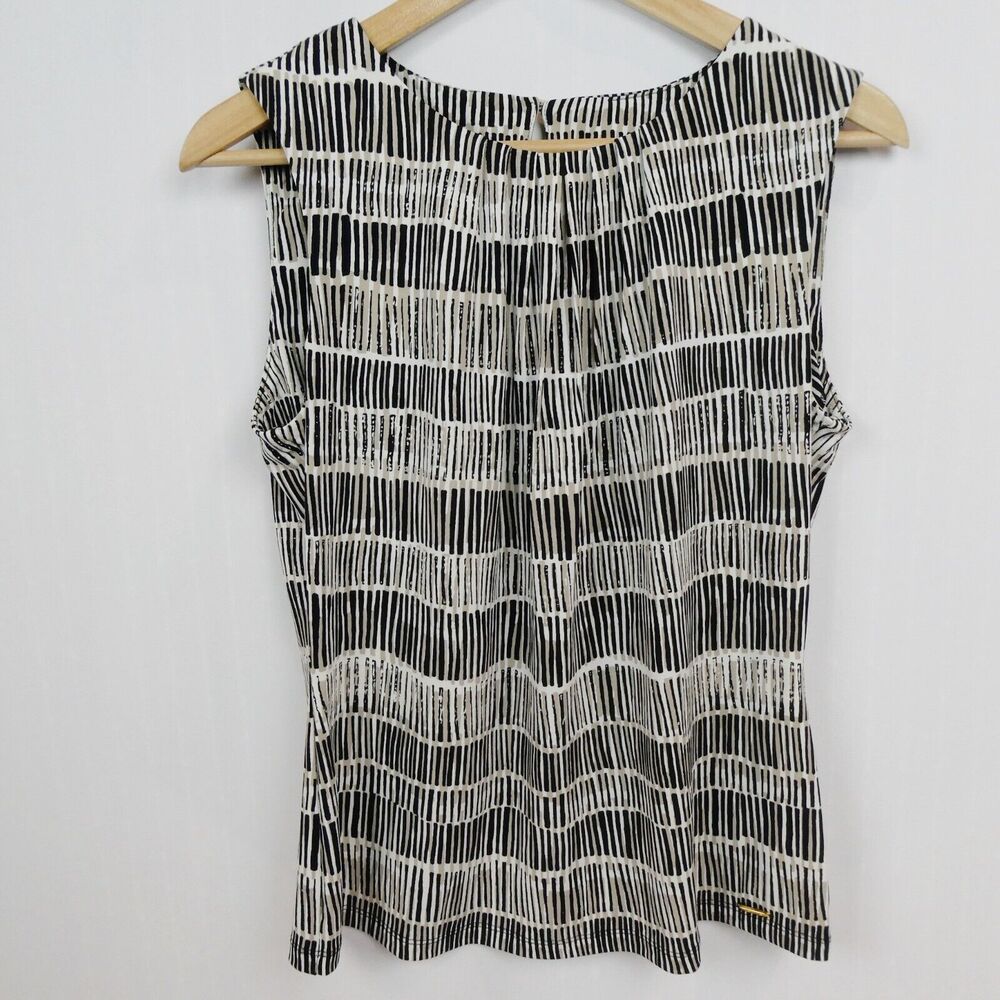 Calvin Klein Geometric Brush Stroke Career Blouse Size M Beige Black Knit Artsy